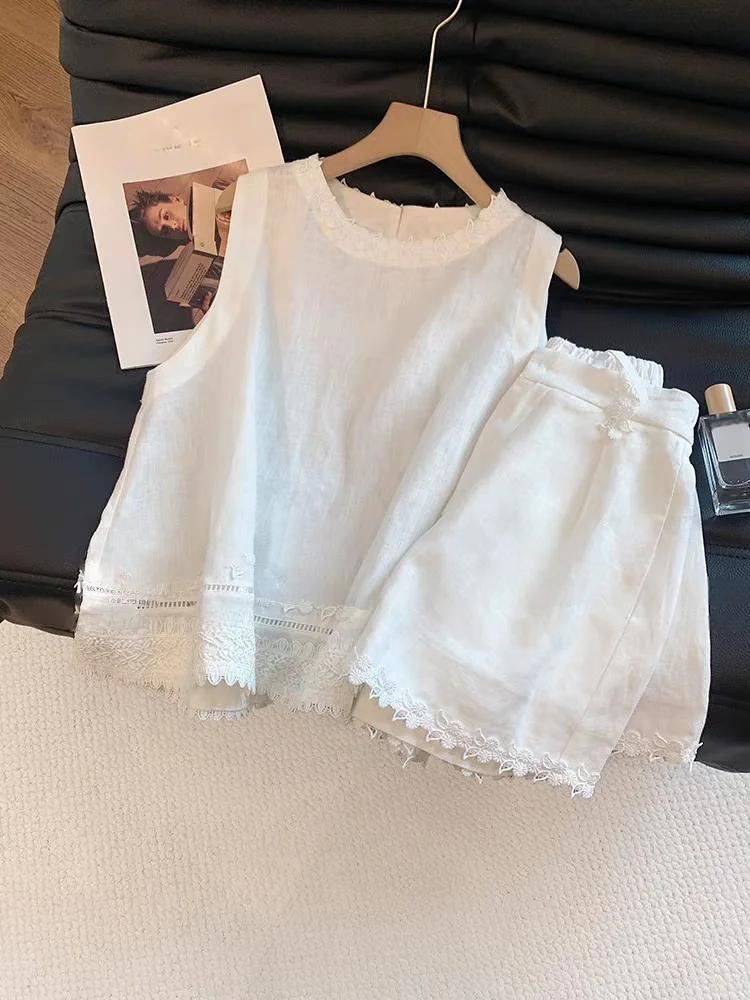 White Lace Trim Linen Sleeveless Vest Set Women Summer New Casual Slim Wide Leg Shorts Two Piece Set round Neck Overhead
White Lace Trim Linen Sleeveless Vest Set Women Summer New Casual Slim Wide Leg Shorts Two Piece Set round Neck Overhead
