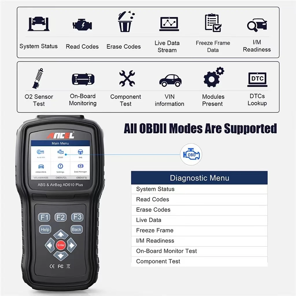 Ancel AD610 Plus OBD2 Car Scanner Engine ABS SRS Three System Car Diagnostic Tool
Ancel AD610 Plus OBD2 Car Scanner Engine ABS SRS Three System Car Diagnostic Tool