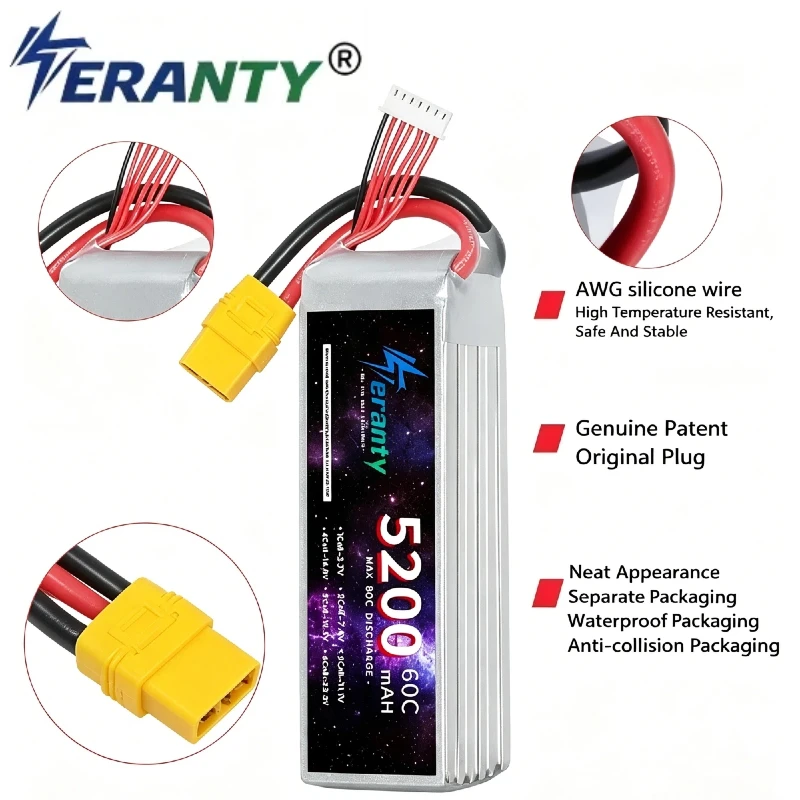 6S 22.2V 5200mAh 60C Soft Case LiPo Battery, EC5/XT60/T/XT90 Plug for FPV Drone, RC Car, Desert Truck & Racing Models
6S 22.2V 5200mAh 60C Soft Case LiPo Battery, EC5/XT60/T/XT90 Plug for FPV Drone, RC Car, Desert Truck & Racing Models