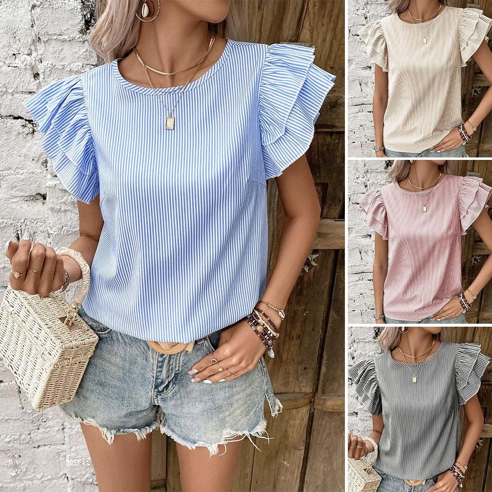 Women's Ruffle Sved Striped Shirt Sweet Style Short Sleeve Floral Print Cotton Casual Business Office Lady Top Blouse
Women's Ruffle Sved Striped Shirt Sweet Style Short Sleeve Floral Print Cotton Casual Business Office Lady Top Blouse