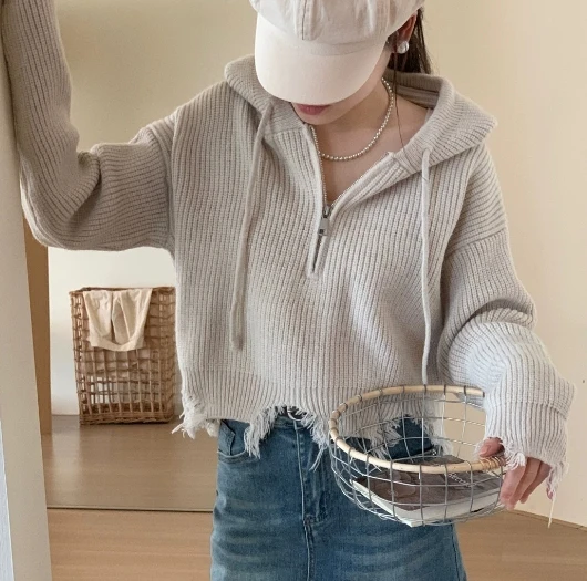 Simple Fringed Hooded Sweater for Women in Autumn and Winter, Loose Korean-style Short Zipper Knitted Top
Simple Fringed Hooded Sweater for Women in Autumn and Winter, Loose Korean-style Short Zipper Knitted Top