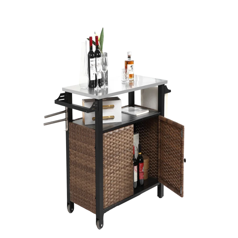 Outdoor Kitchen Wicker Island Rolling Cart & Storage Cabinet, Wheels and Stainless Steel Extended Table Top, Side Handle for Pat
Outdoor Kitchen Wicker Island Rolling Cart & Storage Cabinet, Wheels and Stainless Steel Extended Table Top, Side Handle for Pat