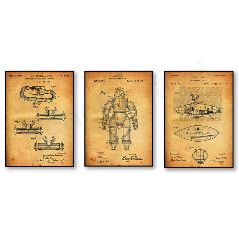 Submarine 1884 Patent, Submarine Armor 1915 Patent, Breathing Mouthpiece 1964 Patent, Deep Sea Diving Art Poster Blueprint Gift
Submarine 1884 Patent, Submarine Armor 1915 Patent, Breathing Mouthpiece 1964 Patent, Deep Sea Diving Art Poster Blueprint Gift