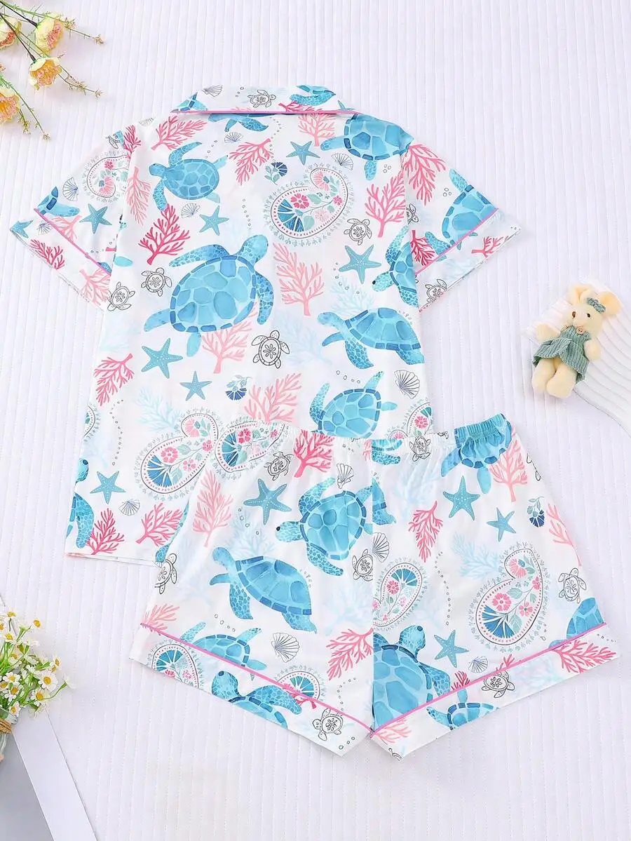 Womens Turtle And Sea Print Pajama Set Short Sleeve Shirt With Lapel Button Loose Elastic Shorts
Womens Turtle And Sea Print Pajama Set Short Sleeve Shirt With Lapel Button Loose Elastic Shorts