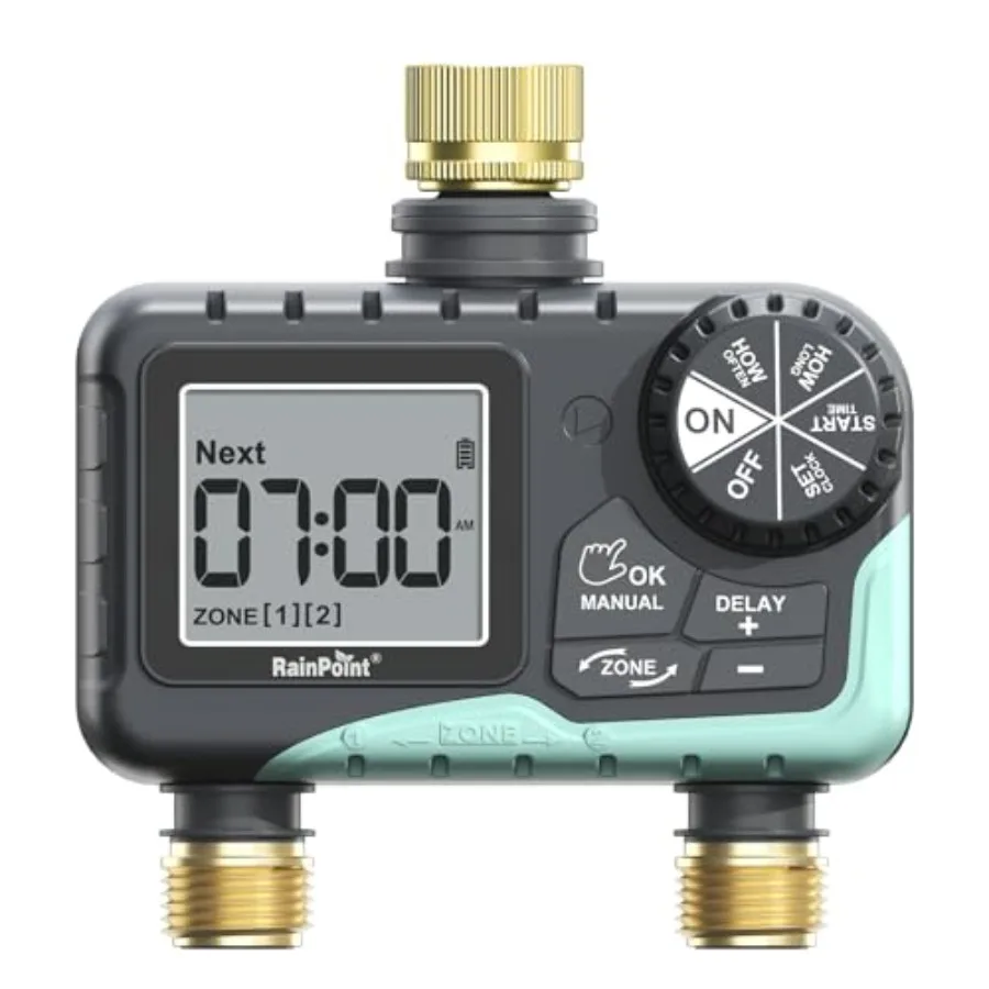 2 Zone Sprinkler Timer for Garden Hose Use with Brass Inlet/Outlet Blue Rain Delay Manual/Automatic Irrigation Control
2 Zone Sprinkler Timer for Garden Hose Use with Brass Inlet/Outlet Blue Rain Delay Manual/Automatic Irrigation Control