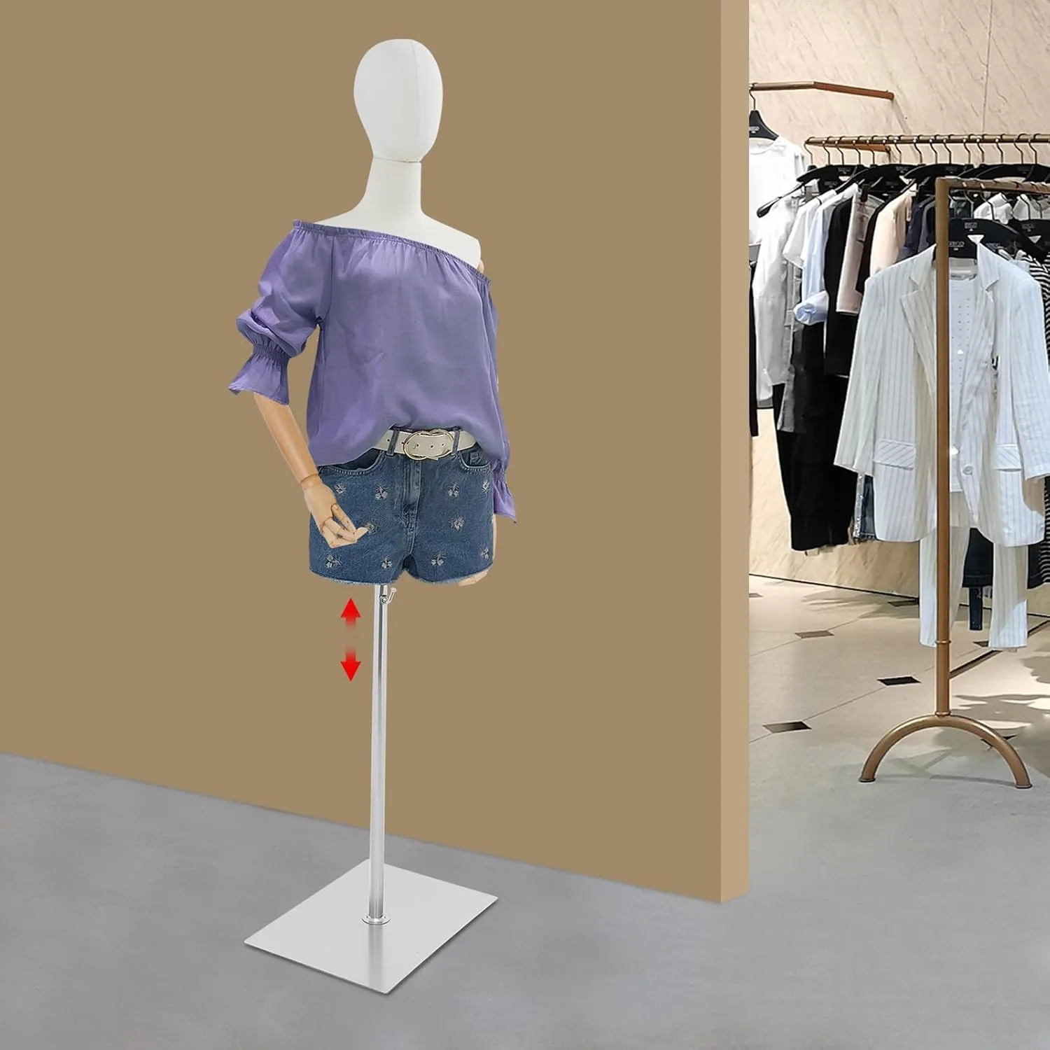 Female Mannequin Dress Form Torso with Detachable Head & Adjustable Wooden Arms, Linen Cover & Gold Metal Base, 55"-80" Height Adjustable for Clothing/Jewelry Store Display (Wood Color+Silver Base)
Female Mannequin Dress Form Torso with Detachable Head & Adjustable Wooden Arms, Linen Cover & Gold Metal Base, 55"-80" Height Adjustable for Clothing/Jewelry Store Display (Wood Color+Silver Base)