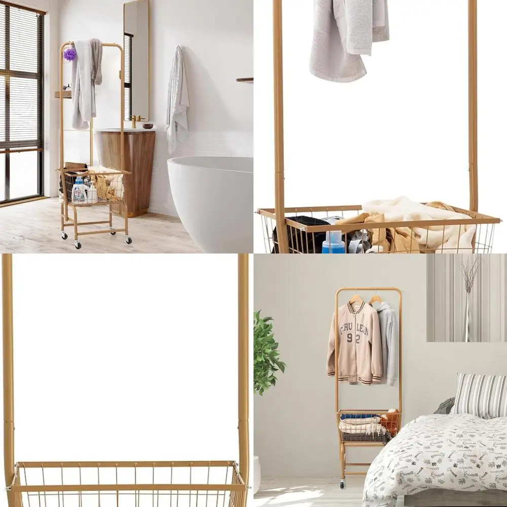 Gold Rolling Laundry Cart with Wire Clothes Rack Storage
Gold Rolling Laundry Cart with Wire Clothes Rack Storage