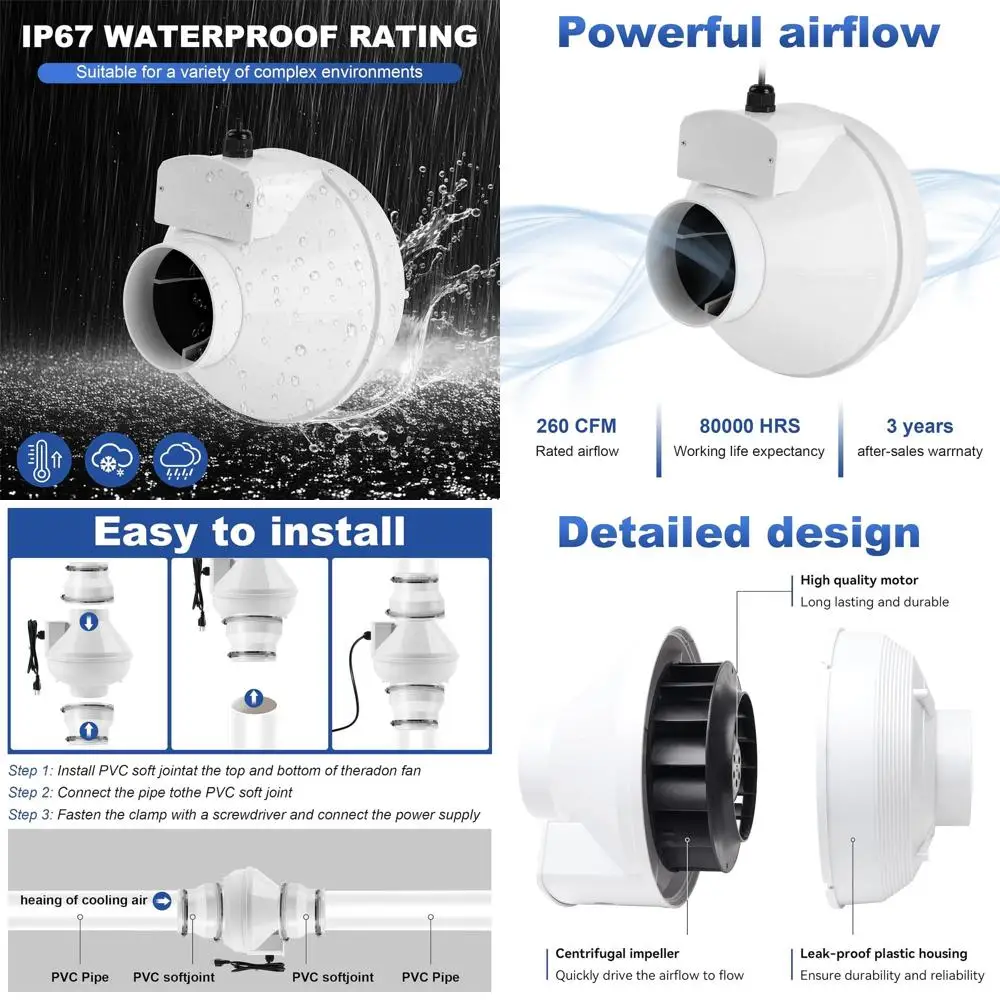 Radon Mitigation Kit with 3 to 4 Rubber Couplers, 260 CM Quiet Flow, Air Pressure Indicator, IP67 Waterproof
Radon Mitigation Kit with 3 to 4 Rubber Couplers, 260 CM Quiet Flow, Air Pressure Indicator, IP67 Waterproof