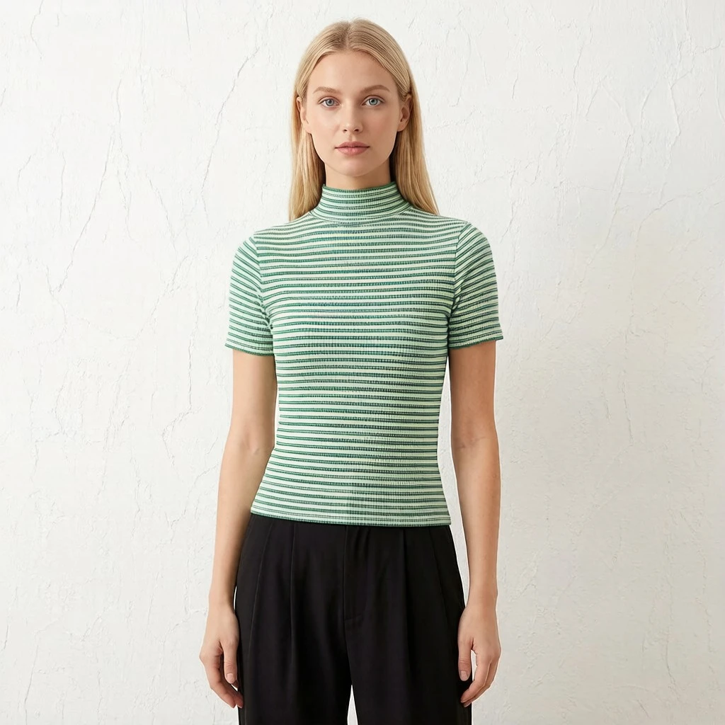 Miyake Pleated 2026 Summer Collection: Women's Short-Sleeve Fitted Blue and White Striped T-Shirt with A Pleated Half-Turtleneck
Miyake Pleated 2026 Summer Collection: Women's Short-Sleeve Fitted Blue and White Striped T-Shirt with A Pleated Half-Turtleneck