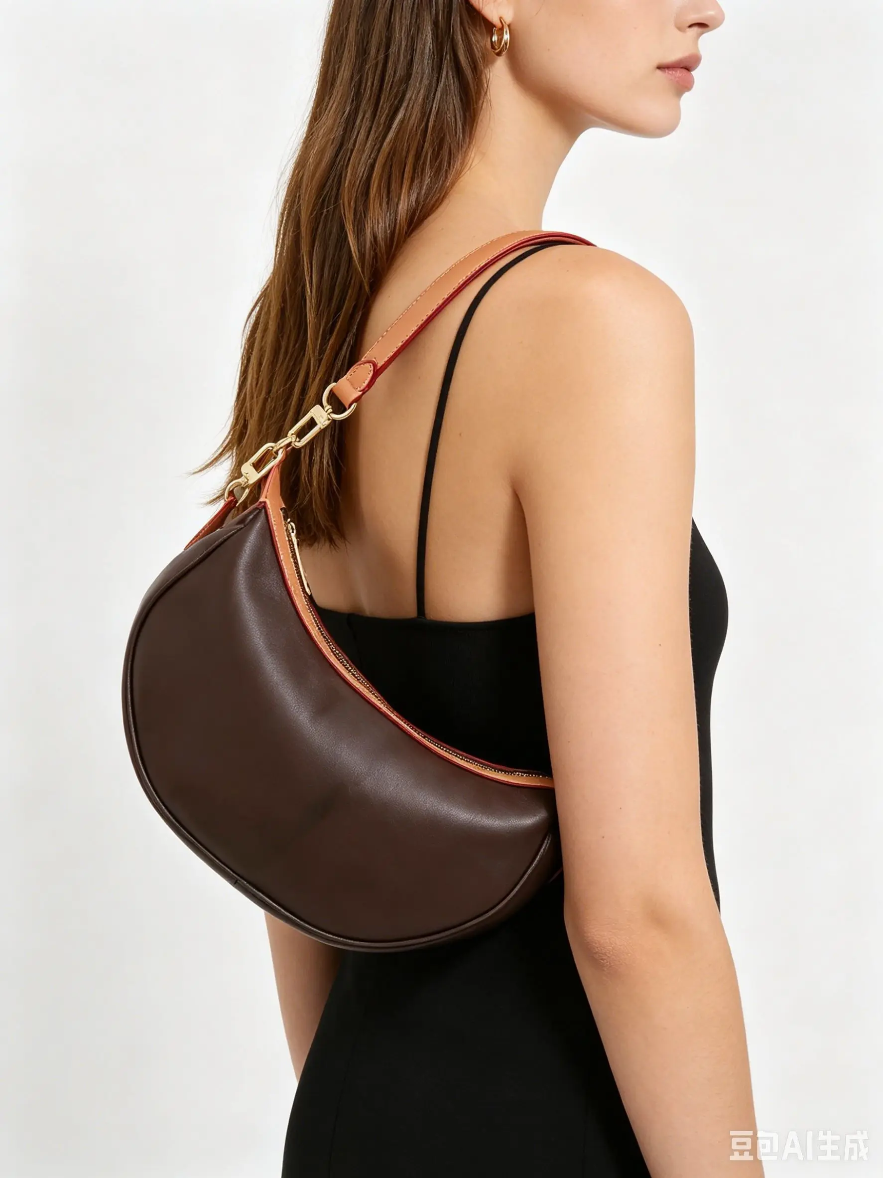 Chic crescent-shaped shoulder bag crafted from smooth brown leather, featuring tan and red trim accents and a gold-tone chain detail.
Chic crescent-shaped shoulder bag crafted from smooth brown leather, featuring tan and red trim accents and a gold-tone chain detail.