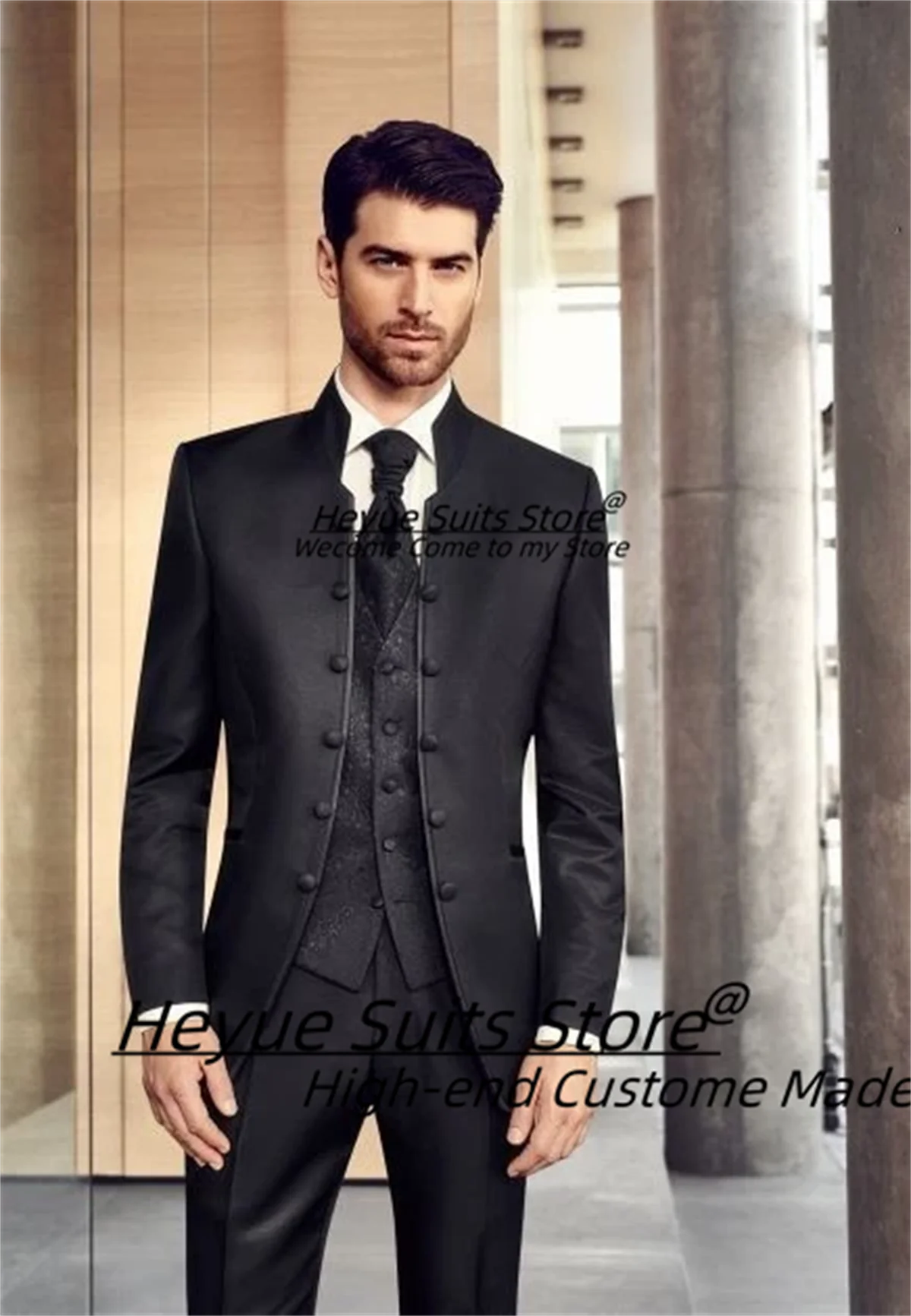 Classic Black Stand Collar Men Suits Customized Slim Fit Jacquard Vest 3 Pieces Sets Luxuly Groom Wedding Tuxedos Ropa Hombre
Classic Black Stand Collar Men Suits Customized Slim Fit Jacquard Vest 3 Pieces Sets Luxuly Groom Wedding Tuxedos Ropa Hombre