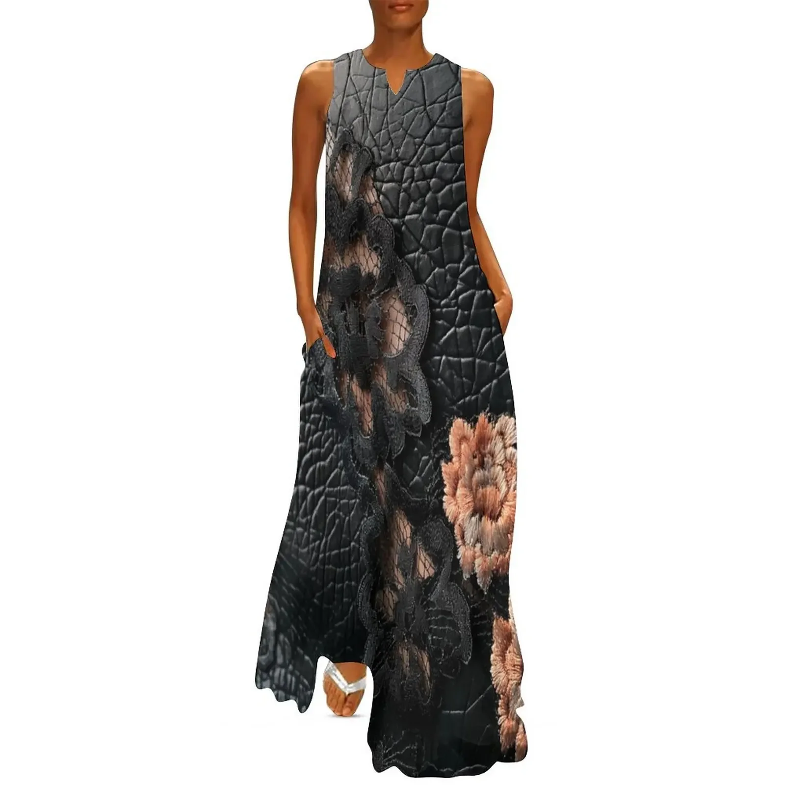 Black leather texture and peach fuzz embroidered flowers Long Dress summer dress womens 2025 Bridesmaid dress woman
Black leather texture and peach fuzz embroidered flowers Long Dress summer dress womens 2025 Bridesmaid dress woman