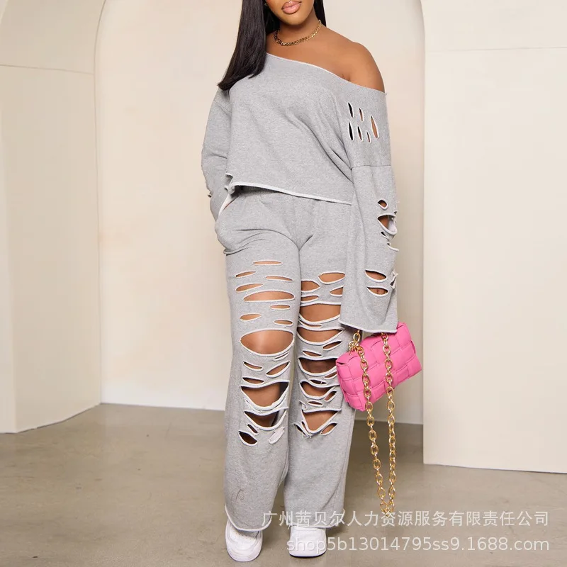 2023 Womens Pant Sets New Light Gray Hole Design Off shoulder Long sleeved Sweater Suit Casual Pants Womens Suits
2023 Womens Pant Sets New Light Gray Hole Design Off shoulder Long sleeved Sweater Suit Casual Pants Womens Suits