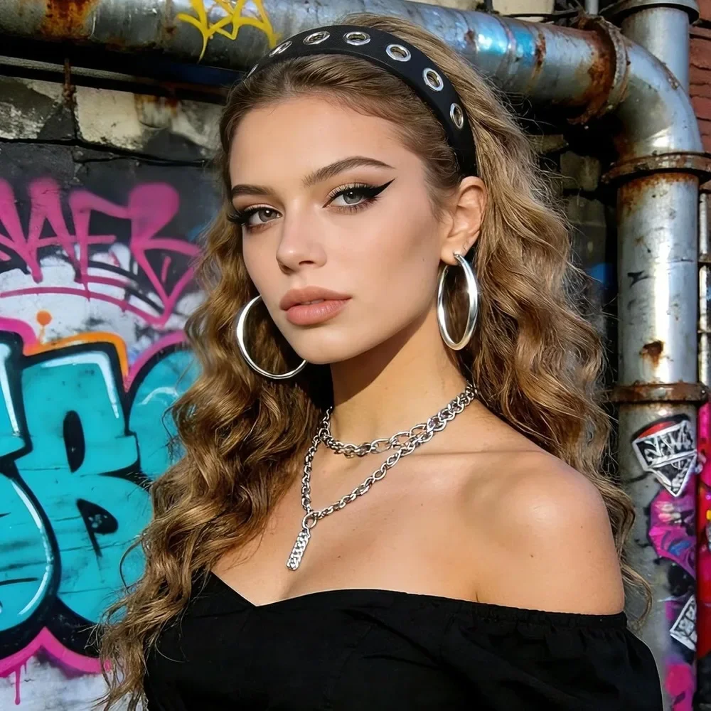 Wide Eyelet Headbands, Punk PU Leather Metal Hair Accessories Gothic Non Slip Stretchy Head Bands for Daily Casual & Party Wear
Wide Eyelet Headbands, Punk PU Leather Metal Hair Accessories Gothic Non Slip Stretchy Head Bands for Daily Casual & Party Wear