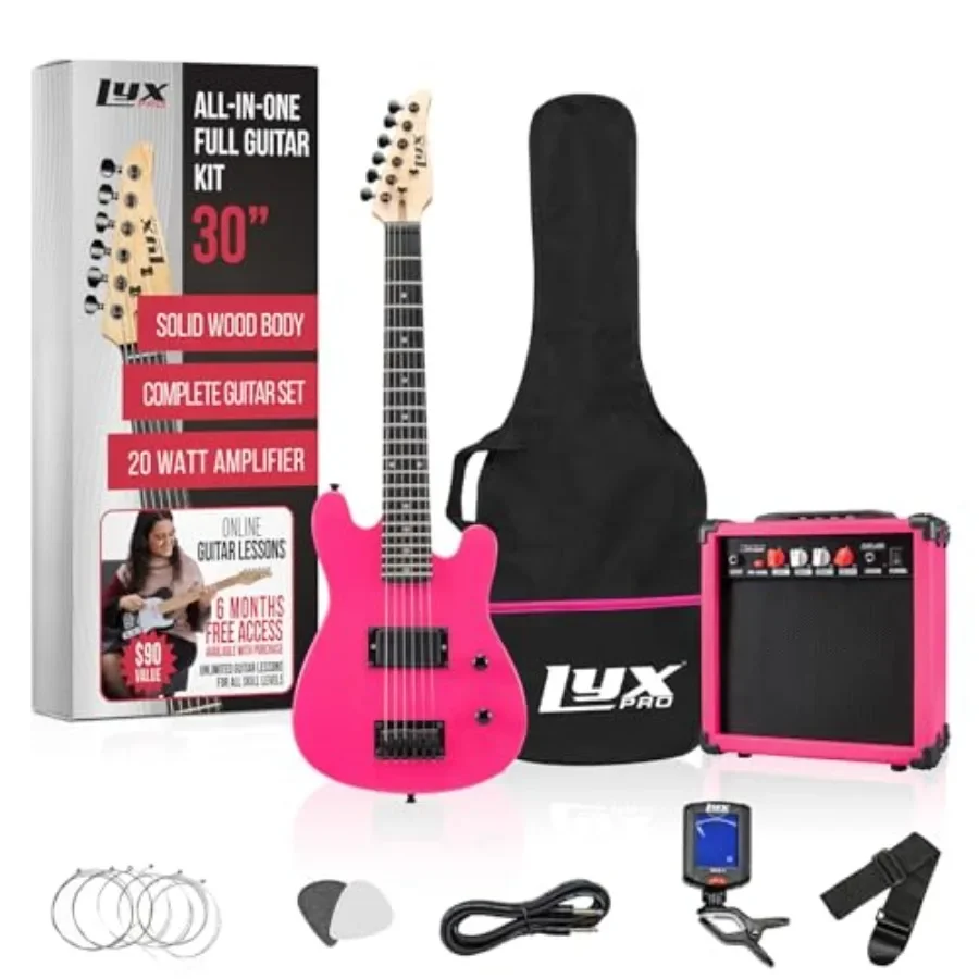 30 Inch Electric Guitar Starter Kit for:3/4 Size Pink Guitar with Amp, Six Strings, Two Picks, Shoulder Strap, Digital Clip-On
30 Inch Electric Guitar Starter Kit for:3/4 Size Pink Guitar with Amp, Six Strings, Two Picks, Shoulder Strap, Digital Clip-On