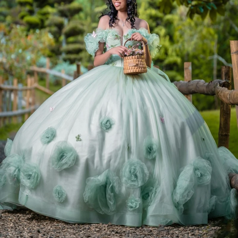 Mint Green Princess Off the Shoulder Sweet 16 Dress Quinceanera Dresses Flower Beads Bow Tull Party Birthday Vestidos 15 De Anos
Mint Green Princess Off the Shoulder Sweet 16 Dress Quinceanera Dresses Flower Beads Bow Tull Party Birthday Vestidos 15 De Anos