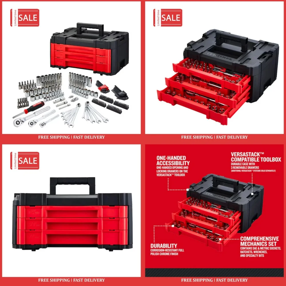 Hand Tool Sets242 Piece SAE Metric Polished Chrome Mechanics Tool Kit Complete Set for Auto Repair and Maintenance
Hand Tool Sets242 Piece SAE Metric Polished Chrome Mechanics Tool Kit Complete Set for Auto Repair and Maintenance