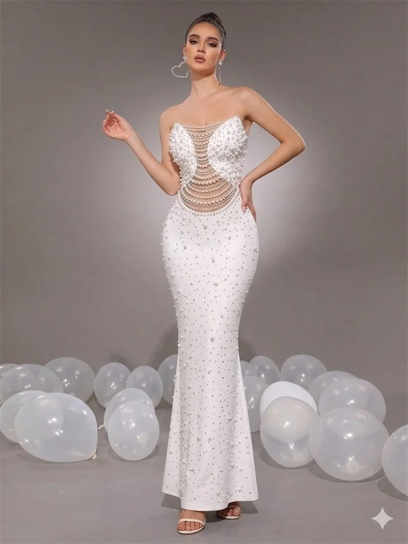 White Pearls Prom Dress Sexy Elegant Strapless Sleeveless Long Sheath Party Gown Formal Wedding Bridal Guest Birthday Robe
White Pearls Prom Dress Sexy Elegant Strapless Sleeveless Long Sheath Party Gown Formal Wedding Bridal Guest Birthday Robe