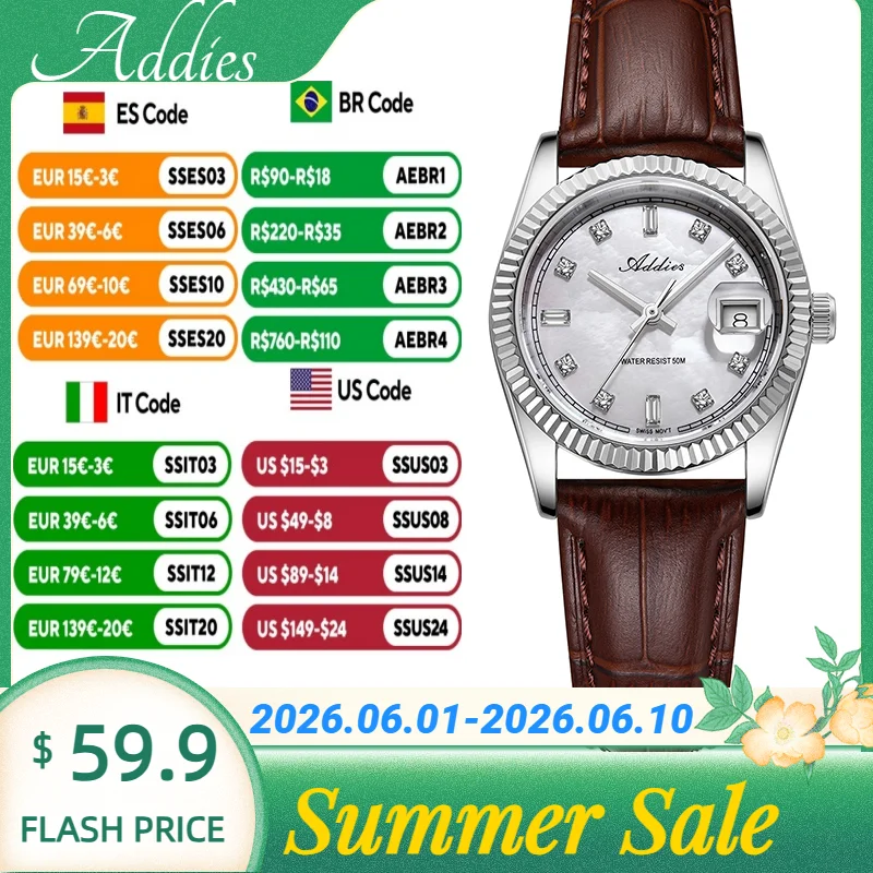 Addies Swiss Ronda 585 Czech rhinestones Women's Quartz Watch Sapphire Glass 5Bar Waterproof Watches Stainless Steel Lady Clock
Addies Swiss Ronda 585 Czech rhinestones Women's Quartz Watch Sapphire Glass 5Bar Waterproof Watches Stainless Steel Lady Clock