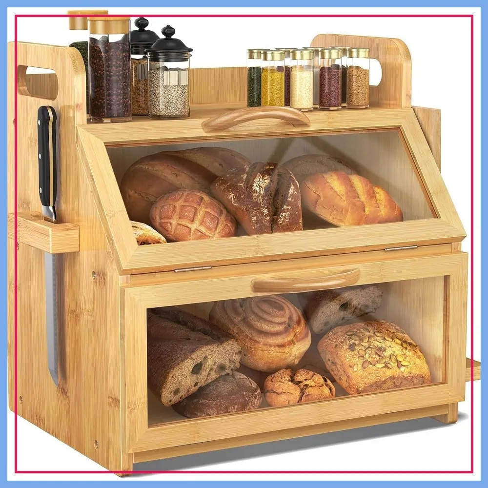Extra Large Bread Box, Double Layer Bamboo Storage for Homemade Bread, with Tool Holder & Handles & Window, Assembly Required (14.9" x 11" x 15.3") Natural
Extra Large Bread Box, Double Layer Bamboo Storage for Homemade Bread, with Tool Holder & Handles & Window, Assembly Required (14.9" x 11" x 15.3") Natural