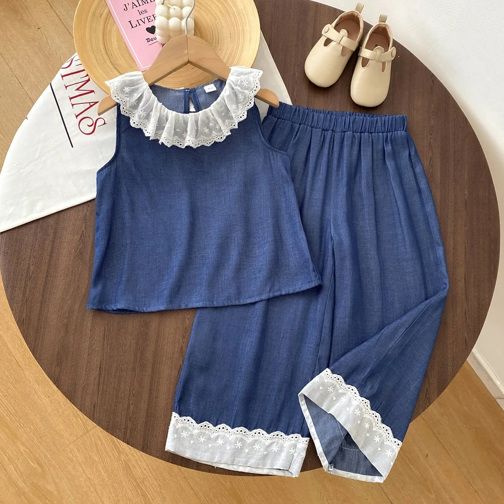 Girls Clothing Sets Summer Solid Cowboy Blue Lace Lapel Vest+Lace Wide Leg Pants Kids Clothes Suit 2pcs Outfits
Girls Clothing Sets Summer Solid Cowboy Blue Lace Lapel Vest+Lace Wide Leg Pants Kids Clothes Suit 2pcs Outfits