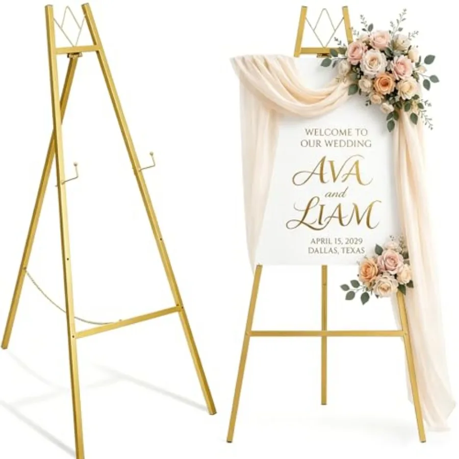 57.5" Gold Easel Stand for Wedding Sign 4 Adjustable Height Levels, Assembly Required, Heavy Duty Metal Display Stand for Art,
57.5" Gold Easel Stand for Wedding Sign 4 Adjustable Height Levels, Assembly Required, Heavy Duty Metal Display Stand for Art,