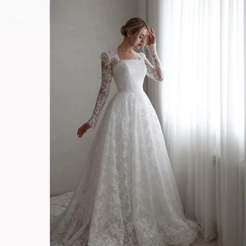 A-line Boho Lace Wedding Dress Full Sleeves Square Collar Bride Dresses Long Bridal Gowns vestidos de novia Customized 
A-line Boho Lace Wedding Dress Full Sleeves Square Collar Bride Dresses Long Bridal Gowns vestidos de novia Customized