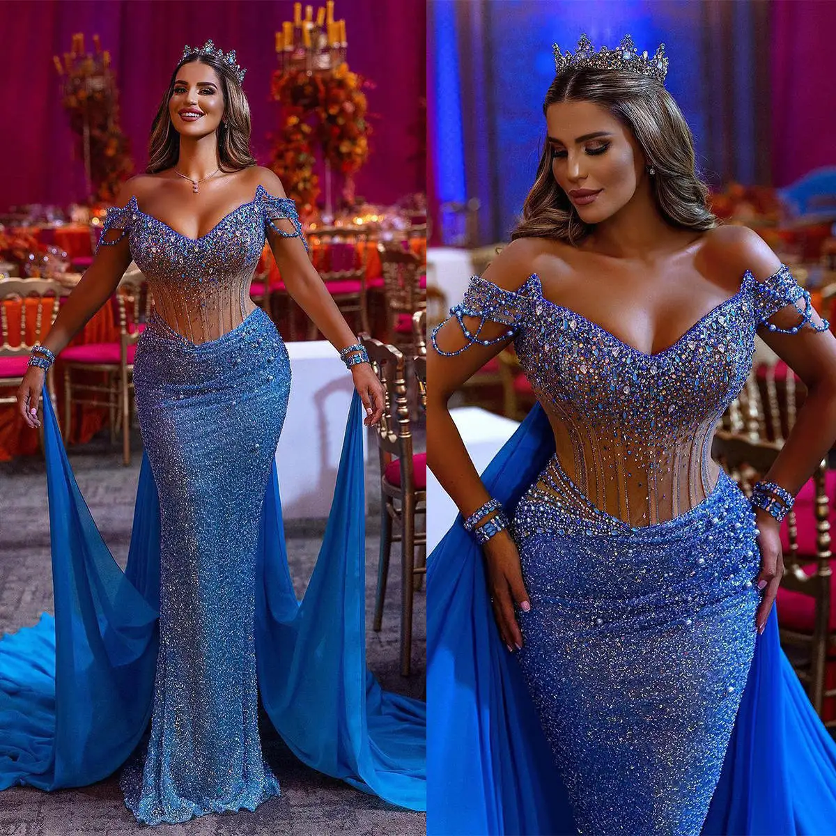 Luxurious Sequins Mermaid Prom Gowns Off Shoulder Sleeveless Overskirt Evening Dresses Beadeds Crystal Party Customized
Luxurious Sequins Mermaid Prom Gowns Off Shoulder Sleeveless Overskirt Evening Dresses Beadeds Crystal Party Customized