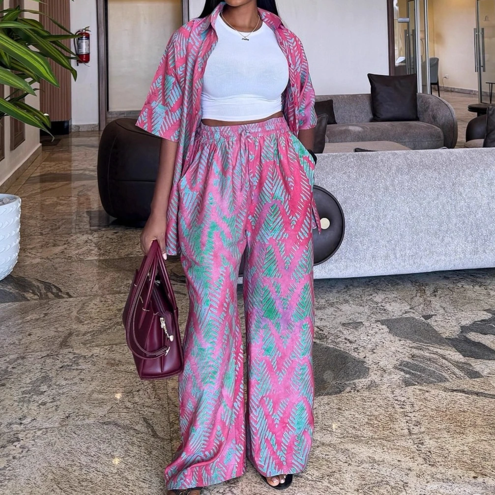 Women Pant Set Two Piece Sets Print Turn Down Collar Short Sleeve Shirt Wide Leg Long Pants High Waist Y2k Streetwear 2025
Women Pant Set Two Piece Sets Print Turn Down Collar Short Sleeve Shirt Wide Leg Long Pants High Waist Y2k Streetwear 2025