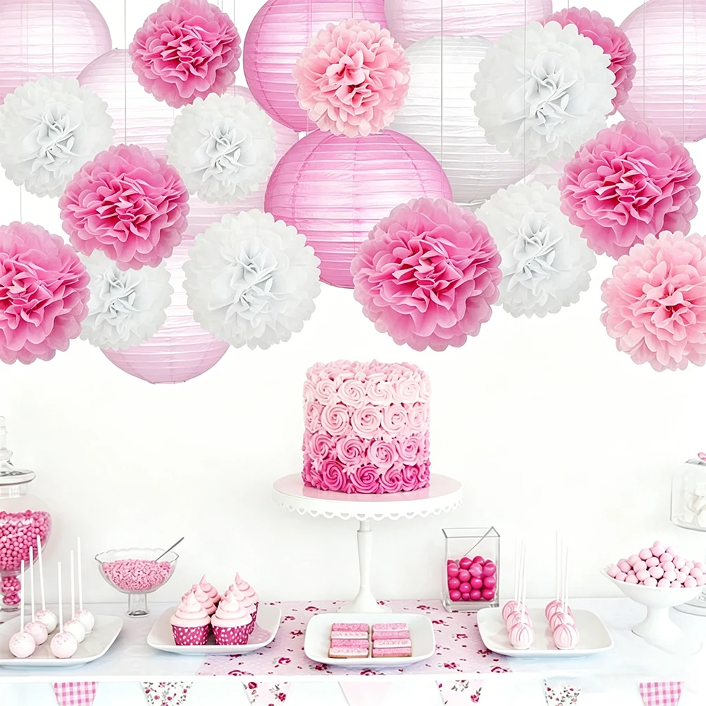 15pcs Pink White Paper Lanterns and Tissue Paper Pom Poms Set for Bridal Shower Wedding Girl's Birthday Party Decoration Lantern
15pcs Pink White Paper Lanterns and Tissue Paper Pom Poms Set for Bridal Shower Wedding Girl's Birthday Party Decoration Lantern
