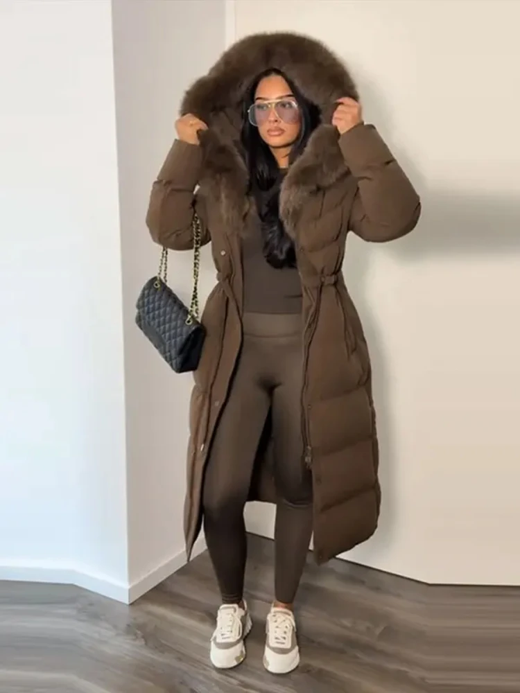 Winter Women Long Down Jacket Fur Hooded Zipper Brown Black Drawstring Padded Cotton Coats Fashion Lady All-matching Outerwear
Winter Women Long Down Jacket Fur Hooded Zipper Brown Black Drawstring Padded Cotton Coats Fashion Lady All-matching Outerwear