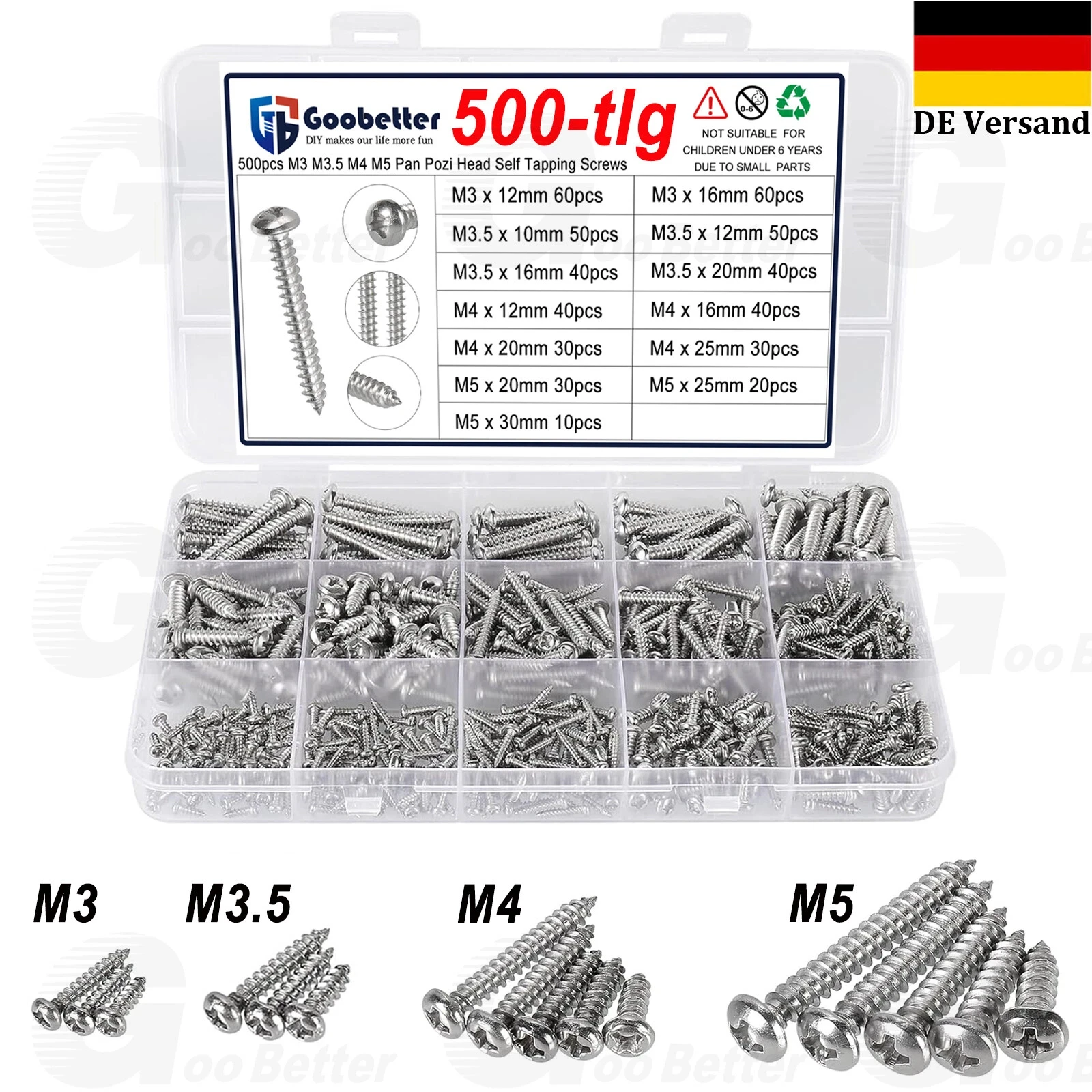 500pcs M3 M3.5 M4 M5 304 stainless steel Cross Phillips Pan Round Head Self tapping Screws Wood Screw Set Kit
500pcs M3 M3.5 M4 M5 304 stainless steel Cross Phillips Pan Round Head Self tapping Screws Wood Screw Set Kit