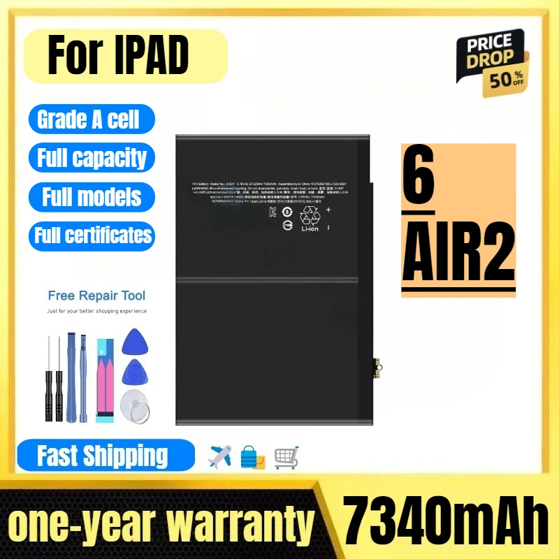 A1566/A1567/A1547 for IPAD 6/AIR2 F Tablet Battery High Quality High Capacity Battery Replacement Bateria Grade A Cell with Tool
A1566/A1567/A1547 for IPAD 6/AIR2 F Tablet Battery High Quality High Capacity Battery Replacement Bateria Grade A Cell with Tool
