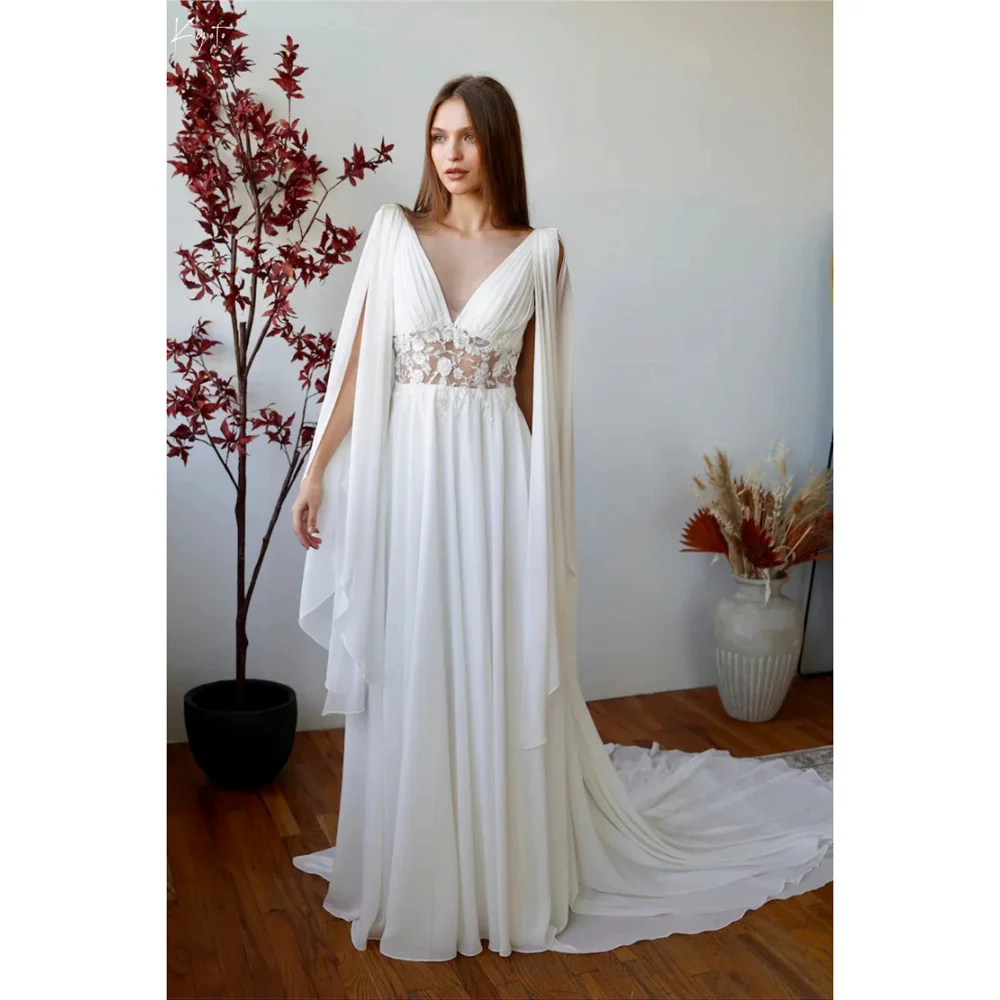 Customized White V Neck Floral Chiffon Wedding Dress With Shawl A-line vestidos de novia Elegant Chapel Train Evening Dresses
Customized White V Neck Floral Chiffon Wedding Dress With Shawl A-line vestidos de novia Elegant Chapel Train Evening Dresses