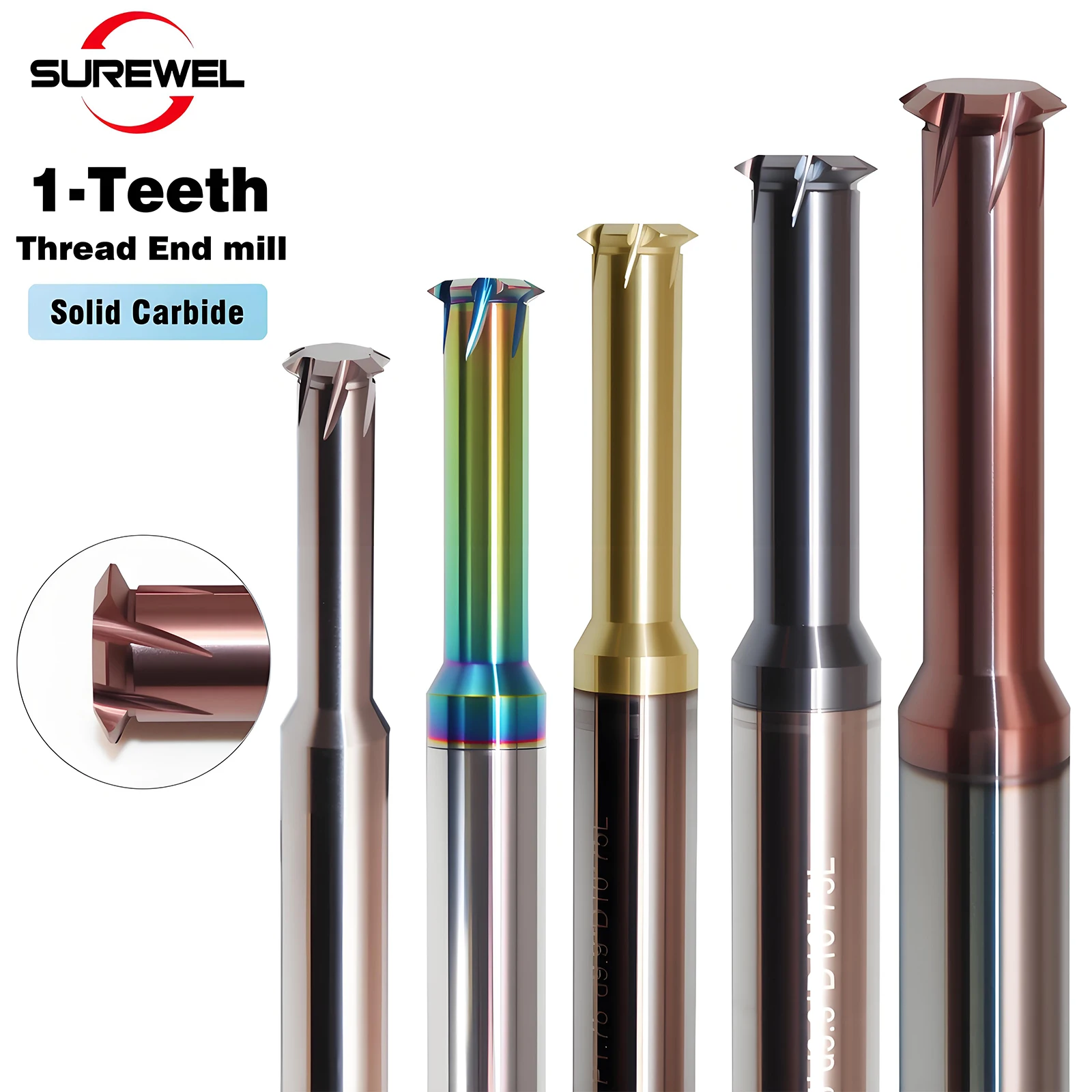 SUREWEL 1 Tooth Carbide milling thread endmill HRC65 m6 m10 m16 coat cnc thread cutter
SUREWEL 1 Tooth Carbide milling thread endmill HRC65 m6 m10 m16 coat cnc thread cutter