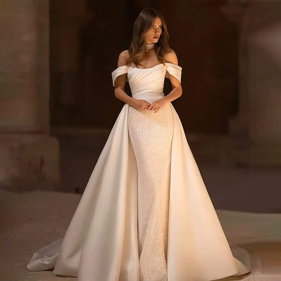 Glitter Satin Off Shoulder Mermaid Wedding Dresses Two-piece Stain Detachable Train Bridal Gowns Lace Up Backless Princess
Glitter Satin Off Shoulder Mermaid Wedding Dresses Two-piece Stain Detachable Train Bridal Gowns Lace Up Backless Princess