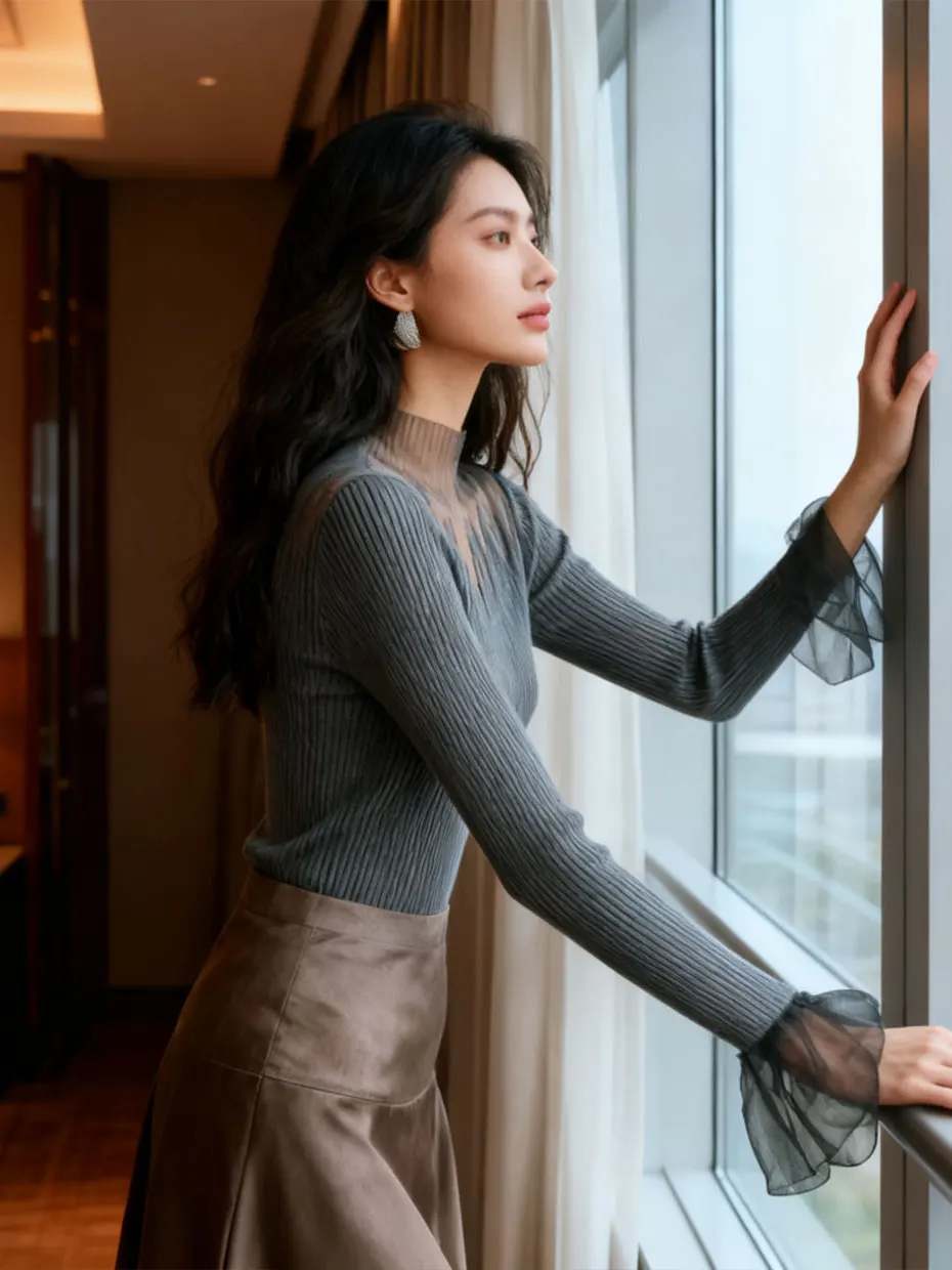 Women's Lace Splicing Hollow out Knitted Top Half High Collar Long Sleeve Bell Sleeve Inner Wear Base Shirt for Autumn Winter
Women's Lace Splicing Hollow out Knitted Top Half High Collar Long Sleeve Bell Sleeve Inner Wear Base Shirt for Autumn Winter