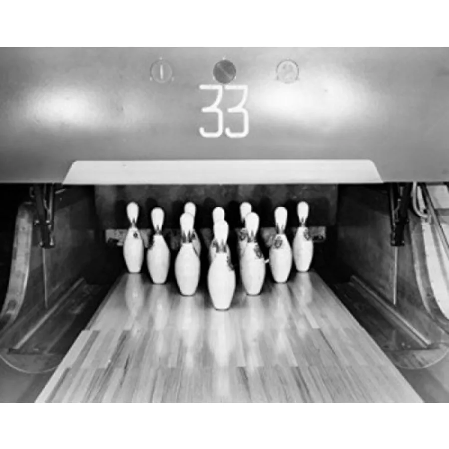 Bowling pins set up at the end of a lane Poster Print, 24 x 36,indoor sports decor, durable matte paper, black and white, high-
Bowling pins set up at the end of a lane Poster Print, 24 x 36,indoor sports decor, durable matte paper, black and white, high-