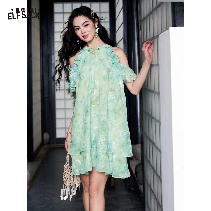 ELFSACK Women's Tie-Dye Embroidered Midi Dress, Halter Off Shoulder Ruffle Sleeve Layered Hem Chiffon Sundress
ELFSACK Women's Tie-Dye Embroidered Midi Dress, Halter Off Shoulder Ruffle Sleeve Layered Hem Chiffon Sundress