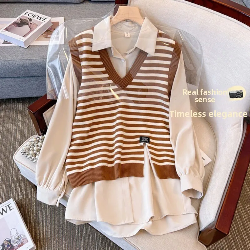 Spring Fashion plus Size Women's Knitted Shirt And Vest Set Long Sleeve Striped Slimming Anti-Aging Two-Piece Outfit Ensemble
Spring Fashion plus Size Women's Knitted Shirt And Vest Set Long Sleeve Striped Slimming Anti-Aging Two-Piece Outfit Ensemble