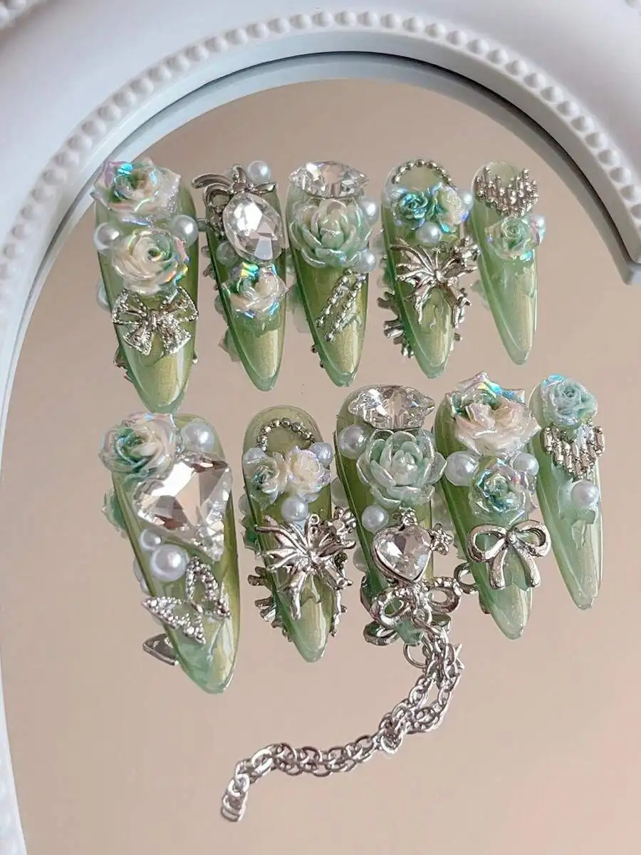 10pcs Handmade 3D Almond Press-On Nails With Flowers Pearls Rhinestones Butterflies Chains Green Aurora Nail Art Tips
10pcs Handmade 3D Almond Press-On Nails With Flowers Pearls Rhinestones Butterflies Chains Green Aurora Nail Art Tips