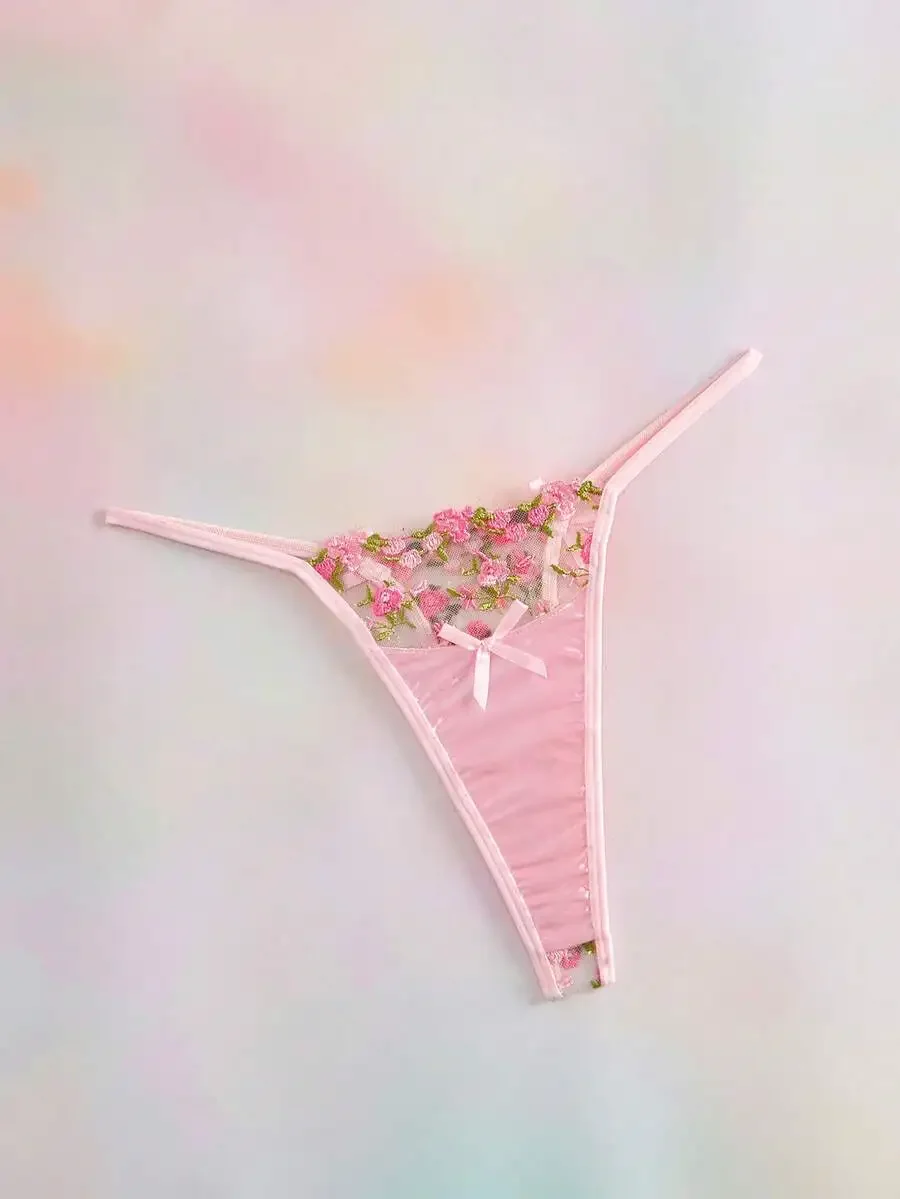 Women Floral Embroidered Lace Thong Panties With Bow Detail
Women Floral Embroidered Lace Thong Panties With Bow Detail