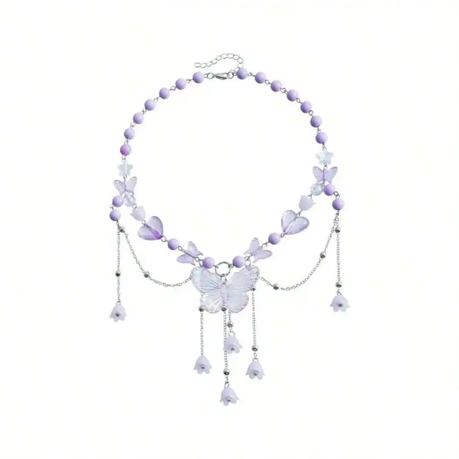 Lavender Butterfly Beaded Choker Necklace with Floral Tassels and Heart Charms
Lavender Butterfly Beaded Choker Necklace with Floral Tassels and Heart Charms