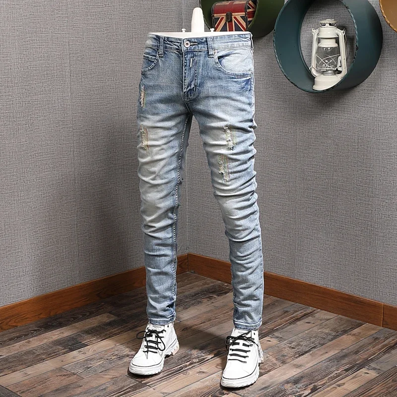 Mens Classic Vintage Light Blue Ripped Jeans Men Fashion Korean Style Embroidery Straight Slim Fit Denim Pants
Mens Classic Vintage Light Blue Ripped Jeans Men Fashion Korean Style Embroidery Straight Slim Fit Denim Pants
