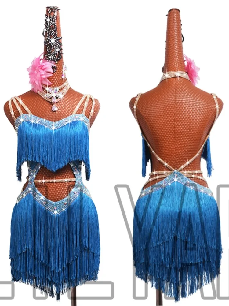 New Professional Latin Dance Competition Performance Dress With Sea Blue Tassel Short Open Waist Sparkling Diamond Skirt
New Professional Latin Dance Competition Performance Dress With Sea Blue Tassel Short Open Waist Sparkling Diamond Skirt