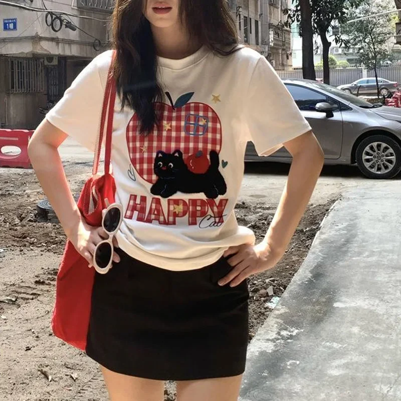 Летняя милая футболка с мультяшной вышивкой из чистого хлопка с круглым вырезом, высокое качество, свободные топы с короткими рукавами y2k, корейские модные трендовые футболки
Летняя милая футболка с мультяшной вышивкой из чистого хлопка с круглым вырезом, высокое качество, свободные топы с короткими рукавами y2k, корейские модные трендовые футболки