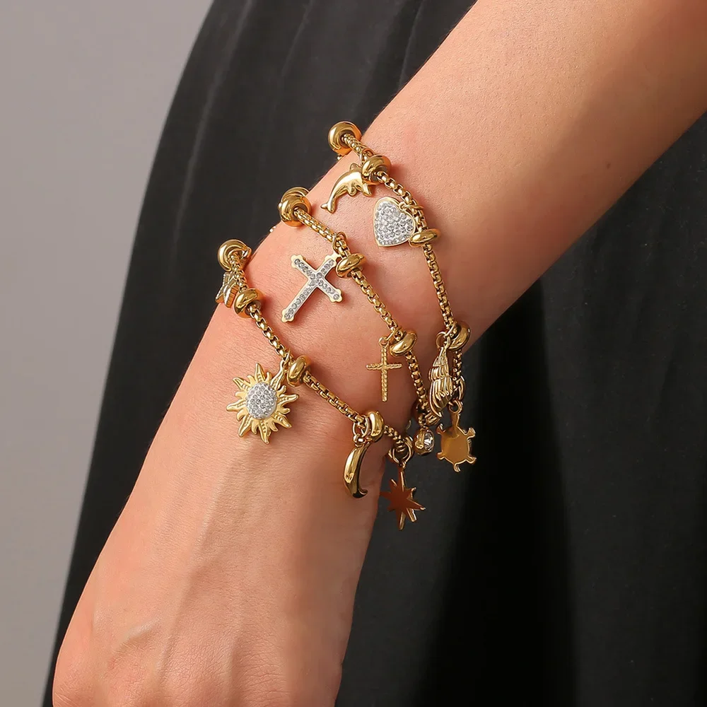 RHYSONG 316L Stainless Steel Gold Plated Bracelet with Cross Star Heart Zirconia Encrusted Charm Fashion Jewelry for Women Gift
RHYSONG 316L Stainless Steel Gold Plated Bracelet with Cross Star Heart Zirconia Encrusted Charm Fashion Jewelry for Women Gift