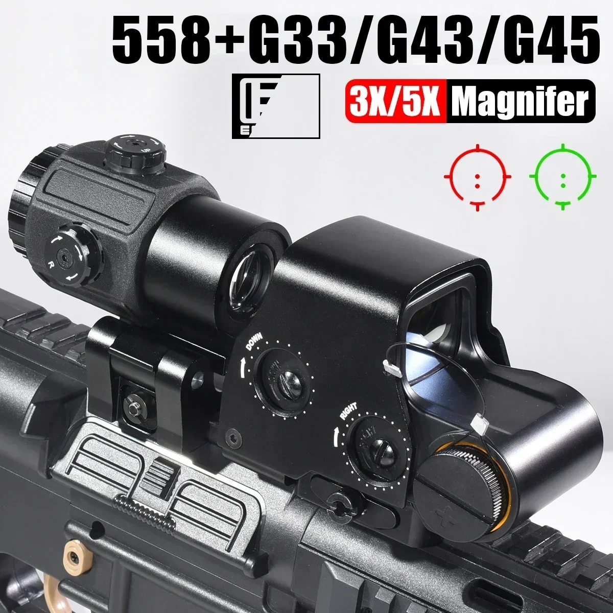 Голографический коллиматор Eotech 558, прицел с красной точкой G43/G33 3X G45, 5-кратная лупа, оборудование для страйкбола, охота с креплением 20 мм и рычагом QD
Голографический коллиматор Eotech 558, прицел с красной точкой G43/G33 3X G45, 5-кратная лупа, оборудование для страйкбола, охота с креплением 20 мм и рычагом QD