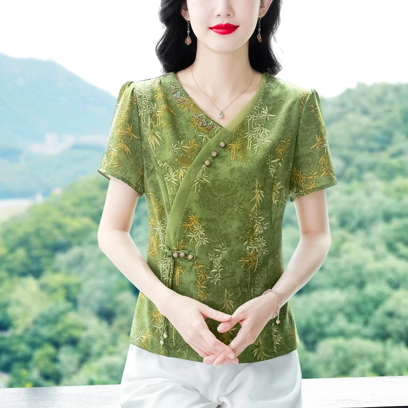 New 2025 Retro Chinese Style Printed Shirt Short Sleeve Women Shirt V Neck Pullovers Summer Blouse
New 2025 Retro Chinese Style Printed Shirt Short Sleeve Women Shirt V Neck Pullovers Summer Blouse