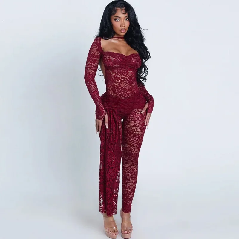 See Through Lace 2 Piece Set Women Sexy Hollow Out Long Sleeve Backless Bodysuits Tops + Ruched Ribbon Tight Pants Clubwear Suit
See Through Lace 2 Piece Set Women Sexy Hollow Out Long Sleeve Backless Bodysuits Tops + Ruched Ribbon Tight Pants Clubwear Suit